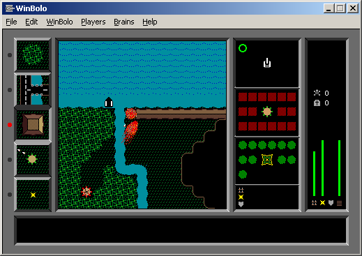 Bolo (Windows) screenshot: Resolving a dispute with a pillbox turret on the Everard Island multiplayer map.