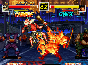 Kizuna Encounter: Super Tag Battle (Neo Geo) screenshot: The massive impact of Chung's aerial offensive and Rosa's sword-based attack went too much for both!