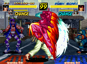 Kizuna Encounter: Super Tag Battle (Neo Geo) screenshot: Through a KyoretsuZan, P1 Hayate tries to hit P2 Hayate... that strikes back with a HiTenshoOhKyaku!