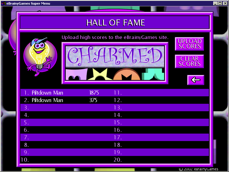 Charmed (Windows) screenshot: The high score table<br>When the game was released scores could be uploaded to an on-line Hall of Fame. Sadly this website is no longer active