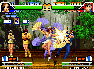 The King of Fighters '98: The Slugfest (Neo Geo) screenshot: Shingo Yabuki being massively hit-damaged by Mai Shiranui's current offensive: her SDM Hana Arashi.