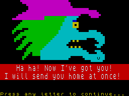 Granny's Garden (ZX Spectrum) screenshot: The old witch appears after you try to pick up the red broom