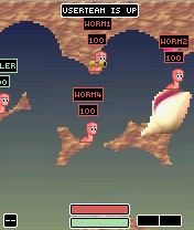 Worms (J2ME) screenshot: Names and health bars cover lot of the screen.