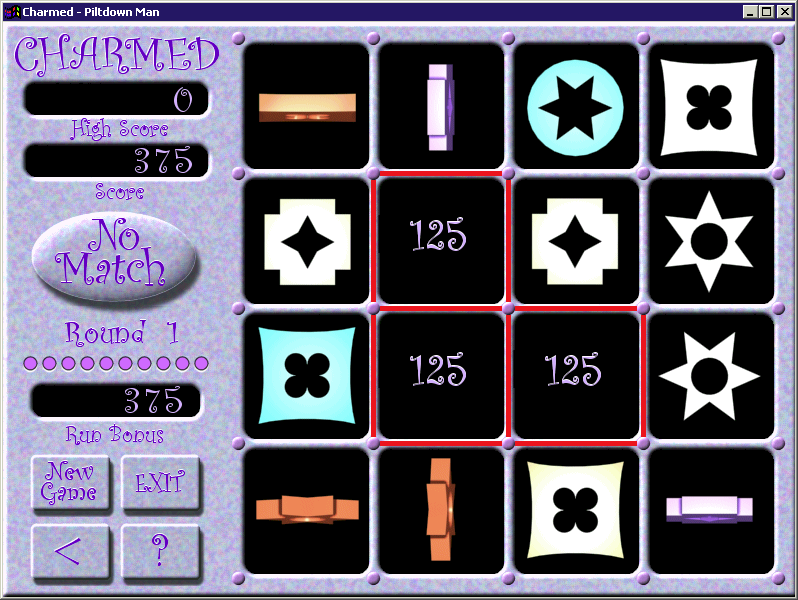 Charmed (Windows) screenshot: Three of the four central charms matched, they were of the same colour and are rotating in the same direction (see previous screenshot). Now they are gone and points have been scored
