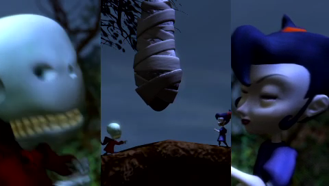 Death Jr. II: Root of Evil (PSP) screenshot: Death Jr. and Pandora dispute in a movie