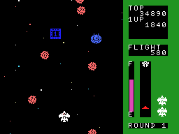 Space Trouble (MSX) screenshot: A blue saucer attacks