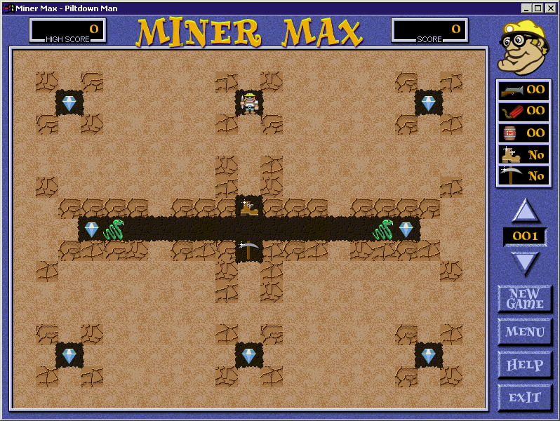 Miner Max (Windows) screenshot: The start of level one.<br>Levels are grouped into sets of ten, the player must clear six of the levels, i.e. collect all the gems, in a set before they can advance to the next set.