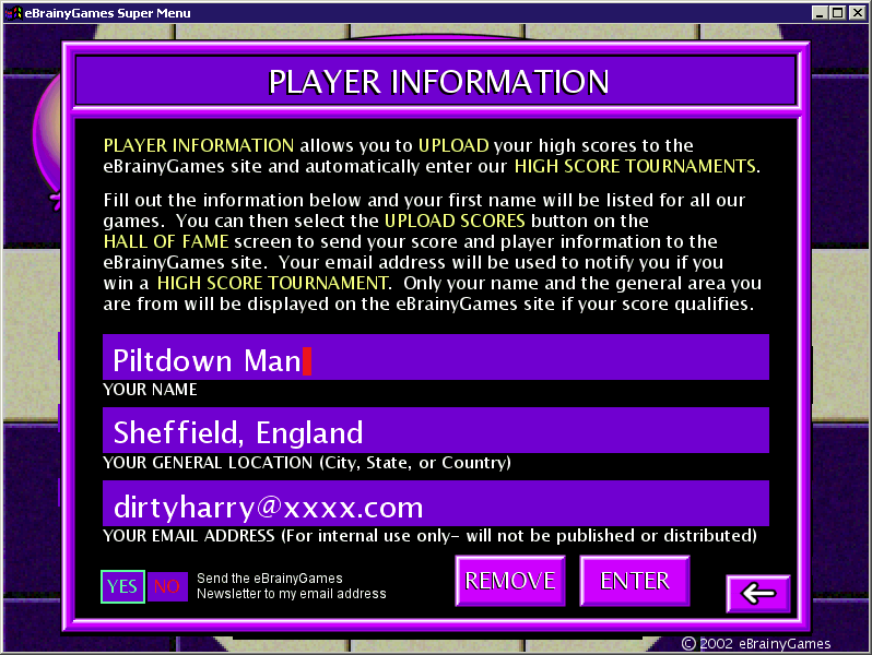 Dark Tiles (Windows) screenshot: This screen is used to create and to confirm a players identity. Once created the identity is available to all games accessed via eBrainyGames' Super Menu