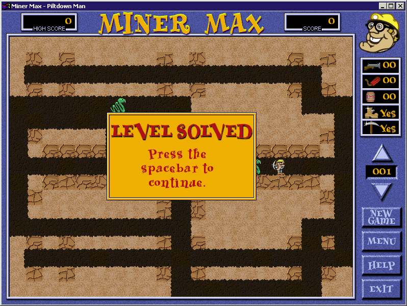 Miner Max (Windows) screenshot: The end of level one.<br>Levels are grouped into sets of ten, the player must clear six of the levels, i.e. collect all the gems, in a set before they can advance to the next set.