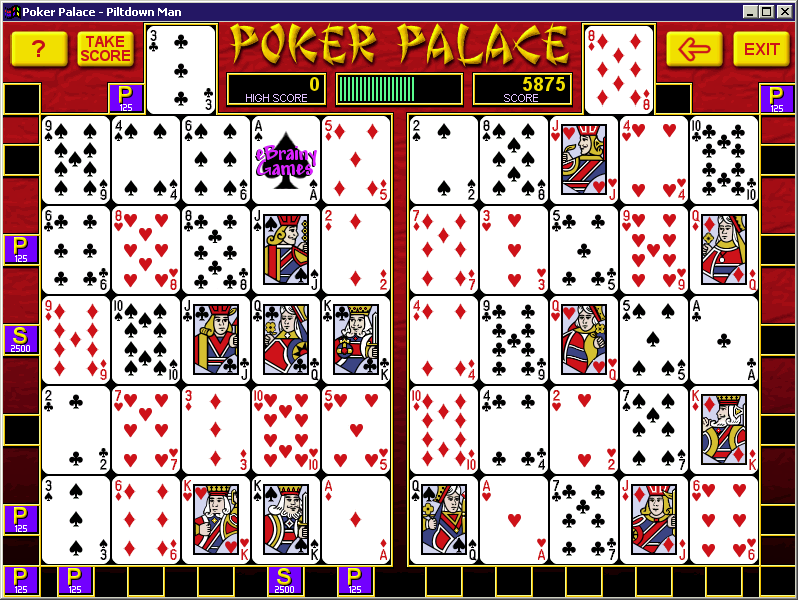 Poker Palace (Windows) screenshot: Midway through a game<br>cards are swapped by clicking on one and then the next. When a hand is made up the tab at the end of the row/column shows what's been achieved and the score