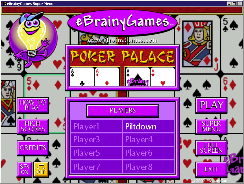 Poker Palace (Windows) screenshot: The initial game screen<br>The game supports multiple player identities, these are the names used when scores are uploaded, it does not support multiple players