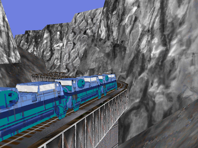 Helicops (Windows) screenshot: One of the trains in the canyon mission