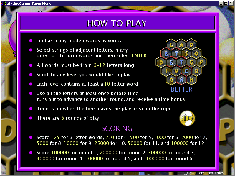 Spelling Bee (Windows) screenshot: This is how the game is played and scored