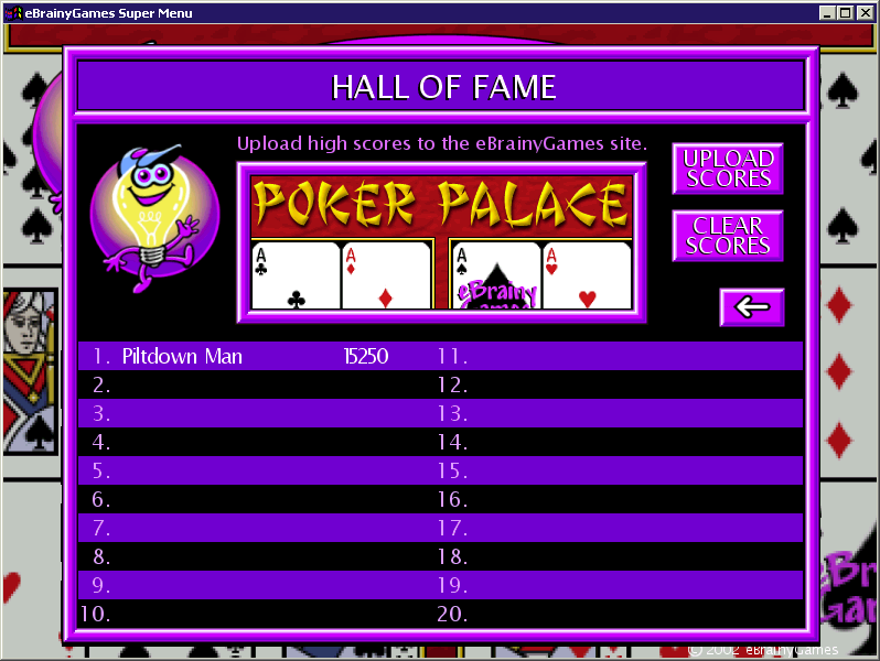 Poker Palace (Windows) screenshot: The high score table<br>When the game was released scores could be uploaded to an on-line Hall of Fame. Sadly this website is no longer active