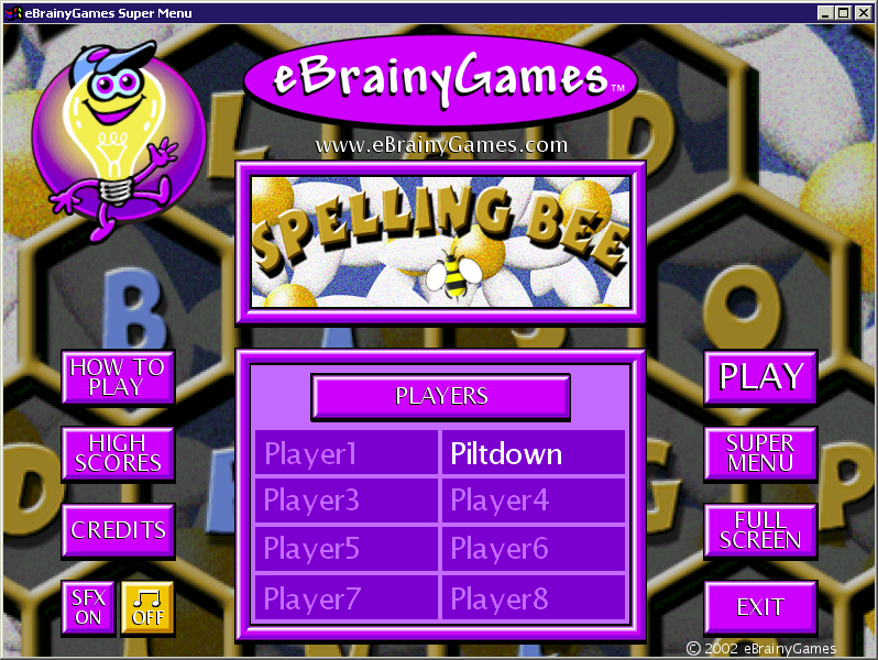 Spelling Bee (Windows) screenshot: The initial game screen<br>The game supports multiple player identities, these are the names used when scores are uploaded, it does not support multiple players