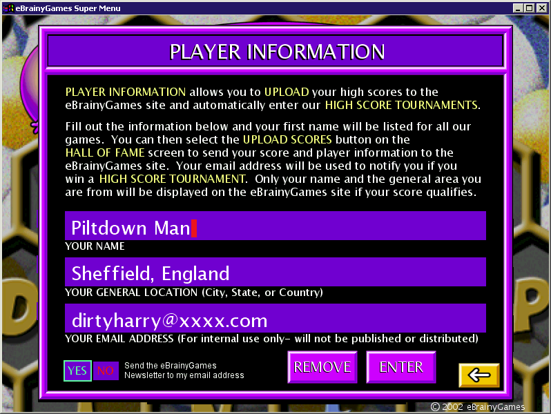 Spelling Bee (Windows) screenshot: This screen is used to create and to confirm a players identity. Once created the identity is available to all games accessed via eBrainyGames' Super Menu
