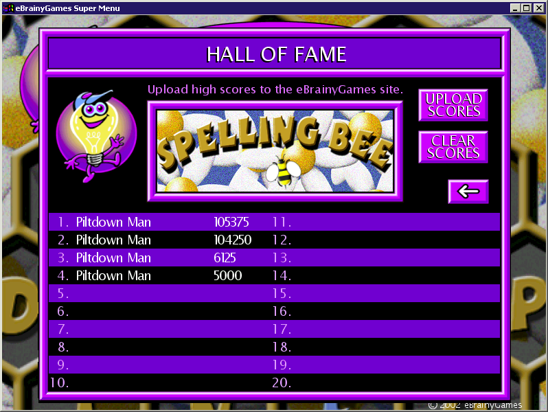 Spelling Bee (Windows) screenshot: The high score table<br>When the game was released scores could be uploaded to an on-line Hall of Fame. Sadly this website is no longer active