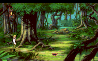 Quest for Glory III: Wages of War (DOS) screenshot: Under the monkey village - in DOSBox it looked like one of the default jungle screens, only in Scumm VM it looks like it should. Must have been another little bug.