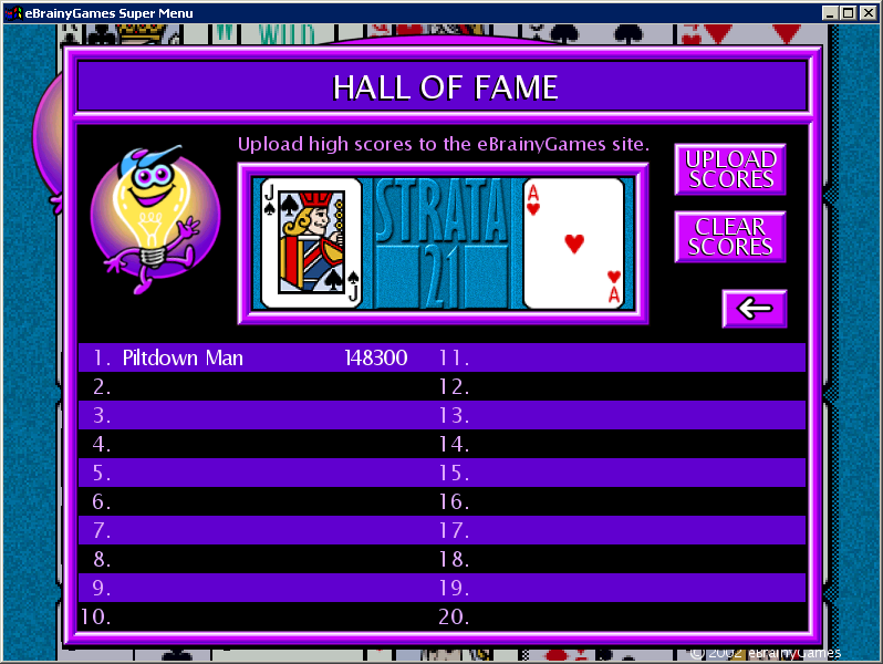 Strata 21 (Windows) screenshot: The high score table<br>When the game was released scores could be uploaded to an on-line Hall of Fame. Sadly this website is no longer active