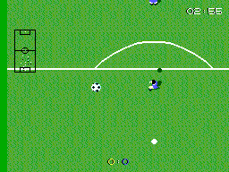 Super Kick Off (SEGA Master System) screenshot: The ball becomes larger in the air, because of the top down view