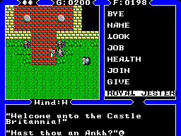 Ultima IV: Quest of the Avatar (SEGA Master System) screenshot: Chatting with Chuckie the jester. New conversation topics might appear in the menu