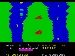 River Raid (ZX Spectrum) screenshot: Fresh air, good mountains. Nice view.