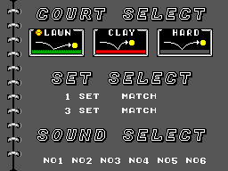 Tennis Ace (SEGA Master System) screenshot: Exhibition mode menu