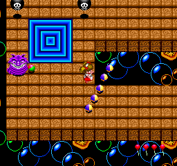 Märchen Maze (TurboGrafx-16) screenshot: Stage 5 - the Time Kingdom features the Cheshire Cat (this enemy didn't appear in the arcade original)