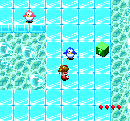 Märchen Maze (TurboGrafx-16) screenshot: Stage 4 - the Ice Kingdom, and where there is ice, there are penguins!