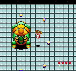 Märchen Maze (TurboGrafx-16) screenshot: The boss is stage 8 is Big Tortoise - straw hat & sunglasses wearing mustachioed turtle