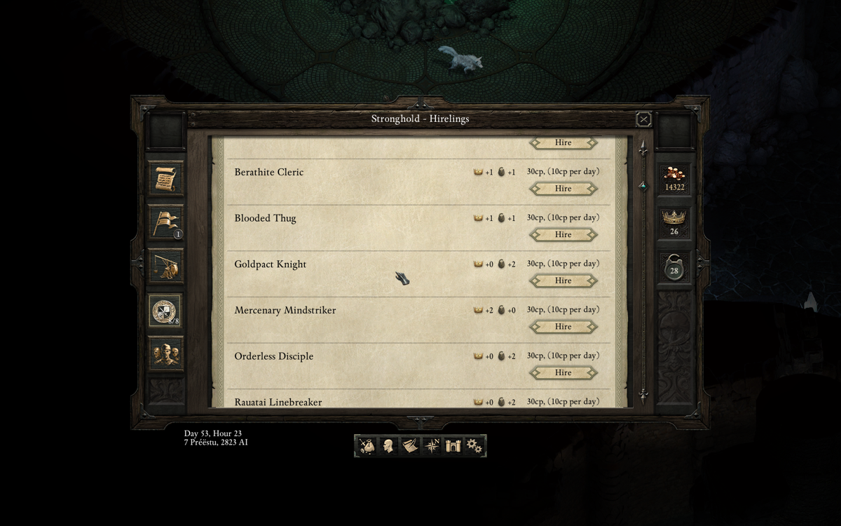 Pillars of Eternity (Windows) screenshot: For a better defense, you can also hire NPCs, which are then patrolling your Stronghold, but also cost upkeep