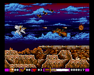 Pegasus (Amiga) screenshot: The first level. You are flying on Pegasus back, shooting fireballs.