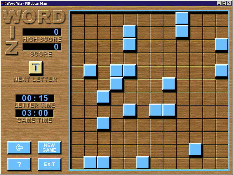 Word Wiz (Windows) screenshot: The game area. The blue blocks are randomly placed at the start of each game