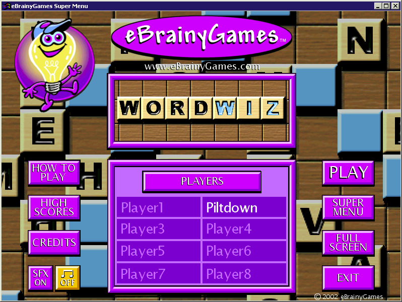 Word Wiz (Windows) screenshot: The initial game screen<br>The game supports multiple player identities, these are the names used when scores are uploaded, it does not support multiple players