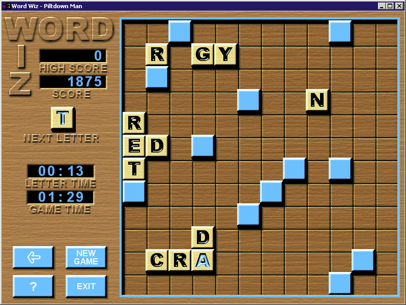 Word Wiz (Windows) screenshot: A game in progress.<br>Once the player collects a letter tile from the left of the screen it becomes the cursor until they place it in the grid. Once placed it cannot be moved.