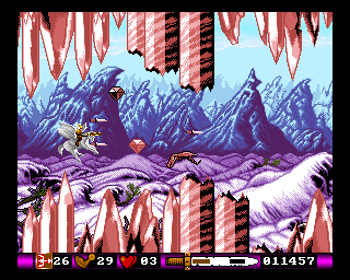 Pegasus (Amiga) screenshot: Crystals above and below. You lose life-energy if you touch anything, even the ground.