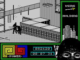 Last Ninja 2: Back with a Vengeance (ZX Spectrum) screenshot: Level 2, "The Streets": Secret gym and the <i>Katana</i>.<br> The deadliest blow.