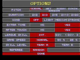 Super Kick Off (SEGA Master System) screenshot: The option menu is quite detailed