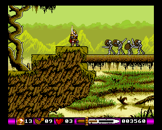 Pegasus (Amiga) screenshot: Are these enemies supposed to be skeletons or knights in armor?