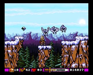 Pegasus (Amiga) screenshot: You die instantly if you fall down in chasms.