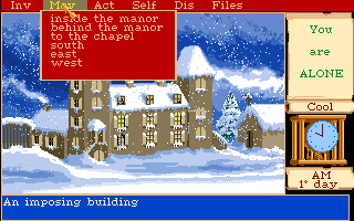Mortville Manor (Amiga) screenshot: Manor exterior and the movement menu