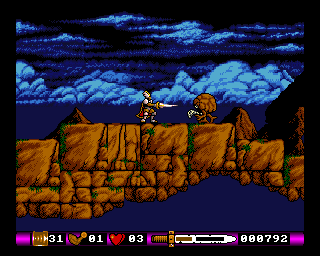 Pegasus (Amiga) screenshot: From the second level. Now the game becomes a platformer, and it will continue to shift like this, every other level.