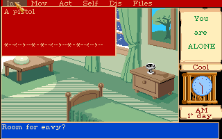 Mortville Manor (Amiga) screenshot: A room and the inventory menu