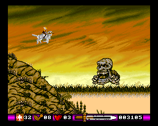 Pegasus (Amiga) screenshot: There are many ugly creatures in the swamp-world.