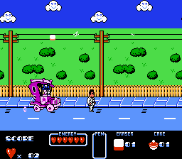 Cool World (NES) screenshot: Dodging a police wire and trying to avoid the electricity from the wires