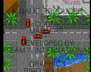 Miami Chase (Amiga) screenshot: Scrolling credits with cars driving by.
