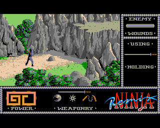 The Last Ninja (Amiga) screenshot: Arkamani can climb but only if he has something that will help him to attach into the rocks.