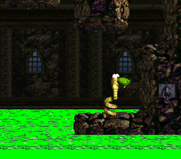 Donkey Kong Country 2: Diddy's Kong Quest (SNES) screenshot: Playing as Rattly, trying to outrun the flow of acid