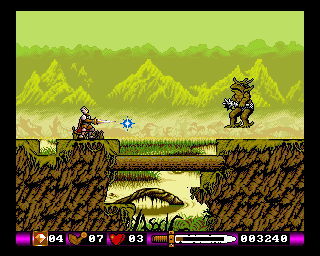 Pegasus (Amiga) screenshot: I have upgraded my sword, and now I can fire blue stars with it.