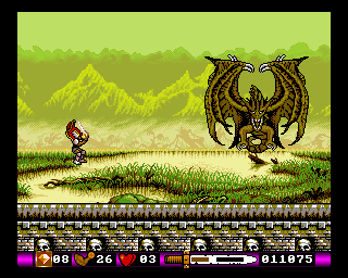 Pegasus (Amiga) screenshot: A big flying demon, at the end of the swamp-world.
